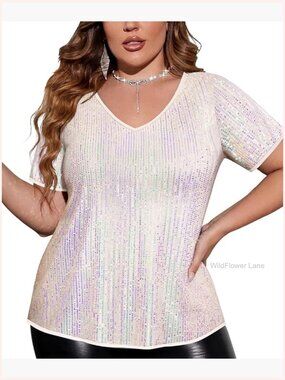 Plus Size Sequin Top Short Sleeve V-Neck Party Tunic Shirt